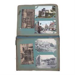 Collection of early 20th century postcards and greetings cards, including WWI embroidered silk Christmas card, black and white family photographs, 1920s birthday cards, black and white and colour postcards of Margate, Ramsgate, Blackpool etc, housed in three postcard albums