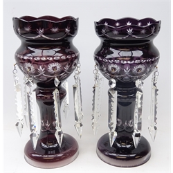  Pair 20th century Bohemian purple tinted glass lustres, with star cut decoration, shaped top & hung with prism drops, H36cm   
