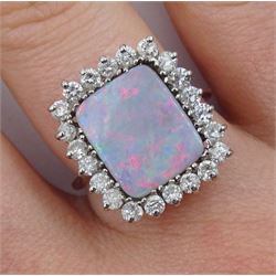 14ct white gold rectangular opal and round brilliant cut diamond cluster ring