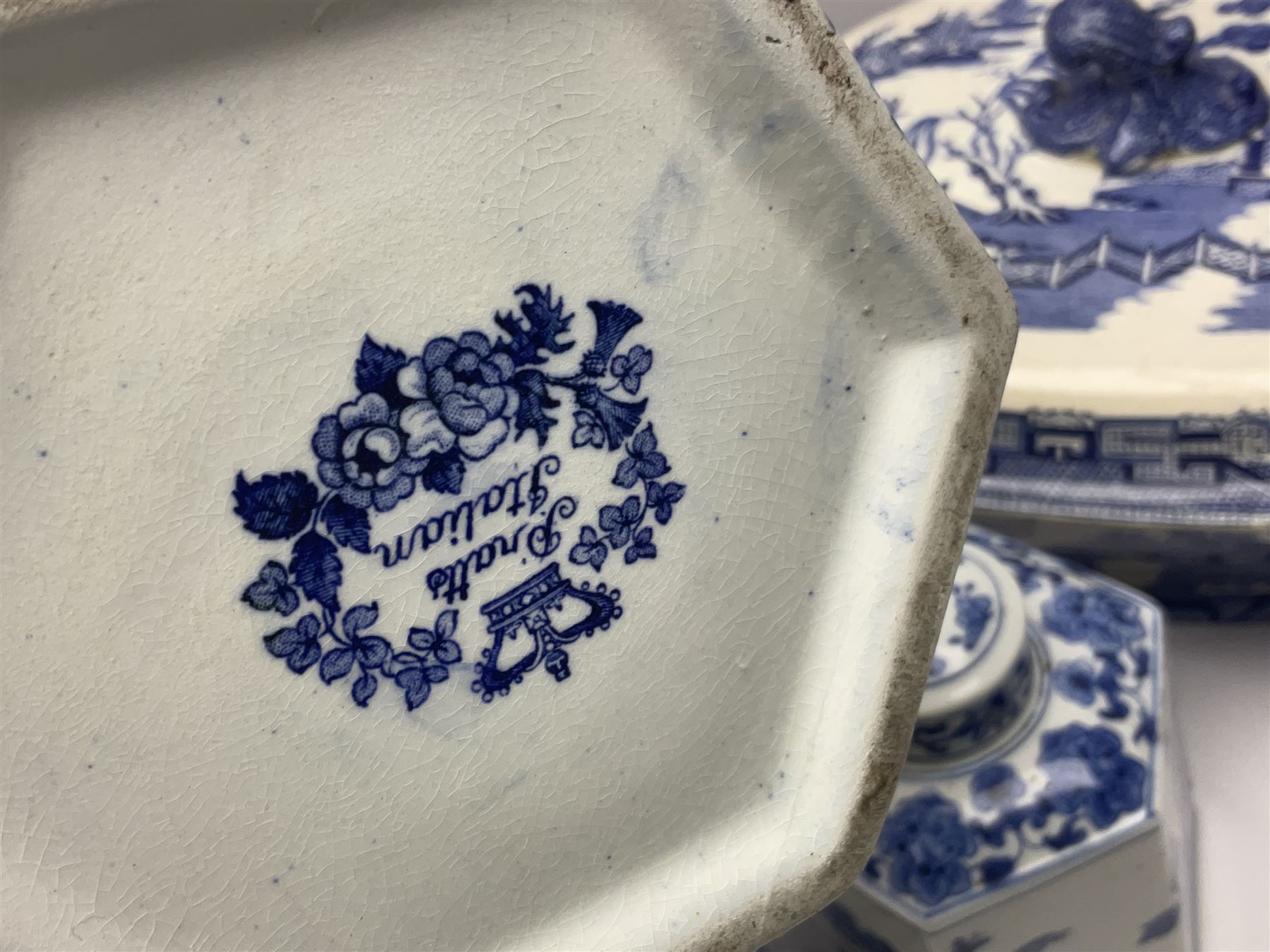 Large blue and white twin handled tureen with cover, Copeland Spode bowl, oriental blue and white jar and cover and a pair of blue and white vases