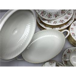 Minton Spring Bouquet pattern dinner and tea service, comprising dinner plates, twin handled tureens with covers, meat platter, teapot, milk jug, sugar bowl with cover, tea cups and saucers, bowls, cake plate, side plates, dessert plates, etc all with printed mark beneath (82)