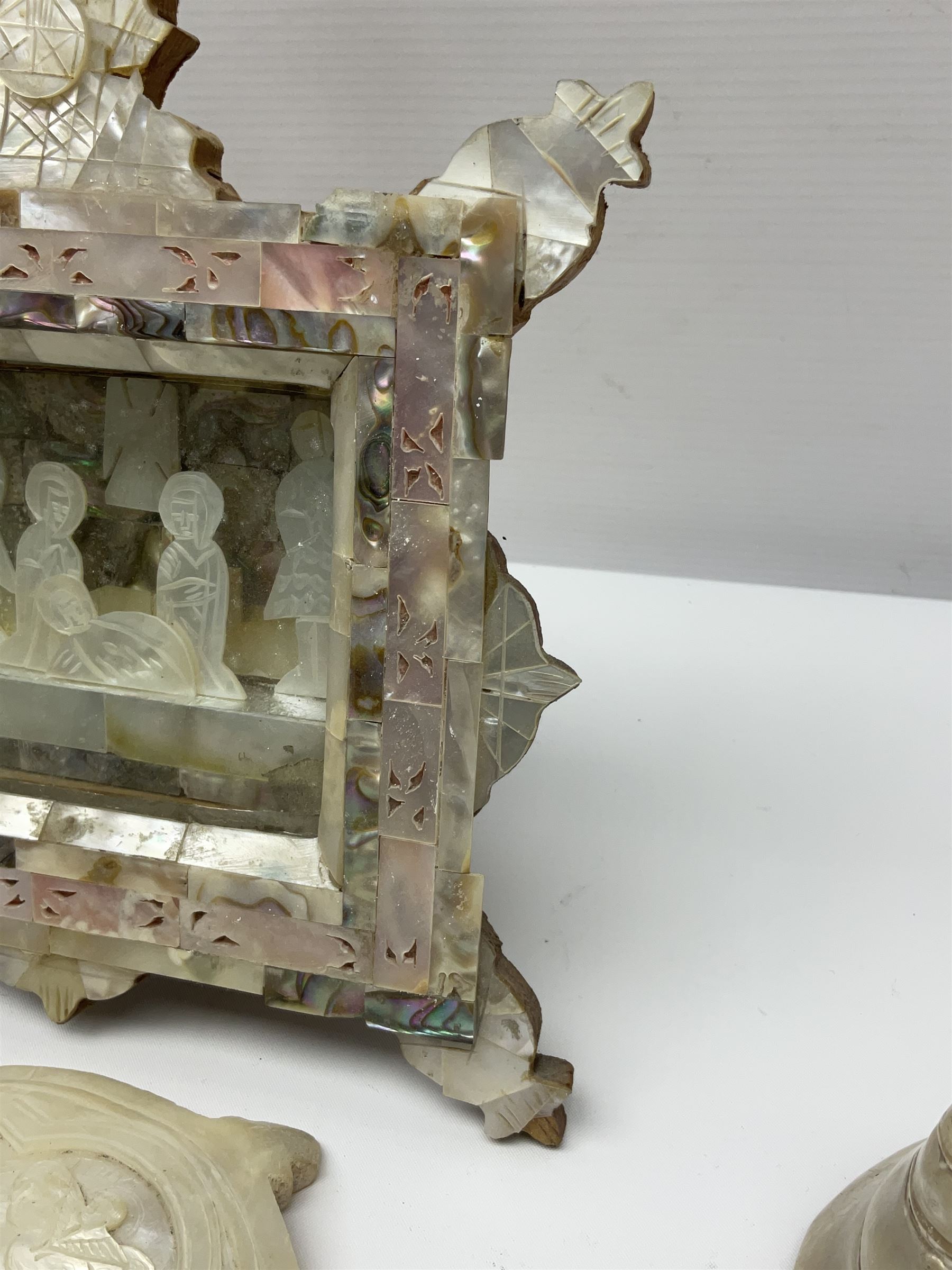 Mother of pearl nativity scene, together with mother of pearl box, shell and carved shell