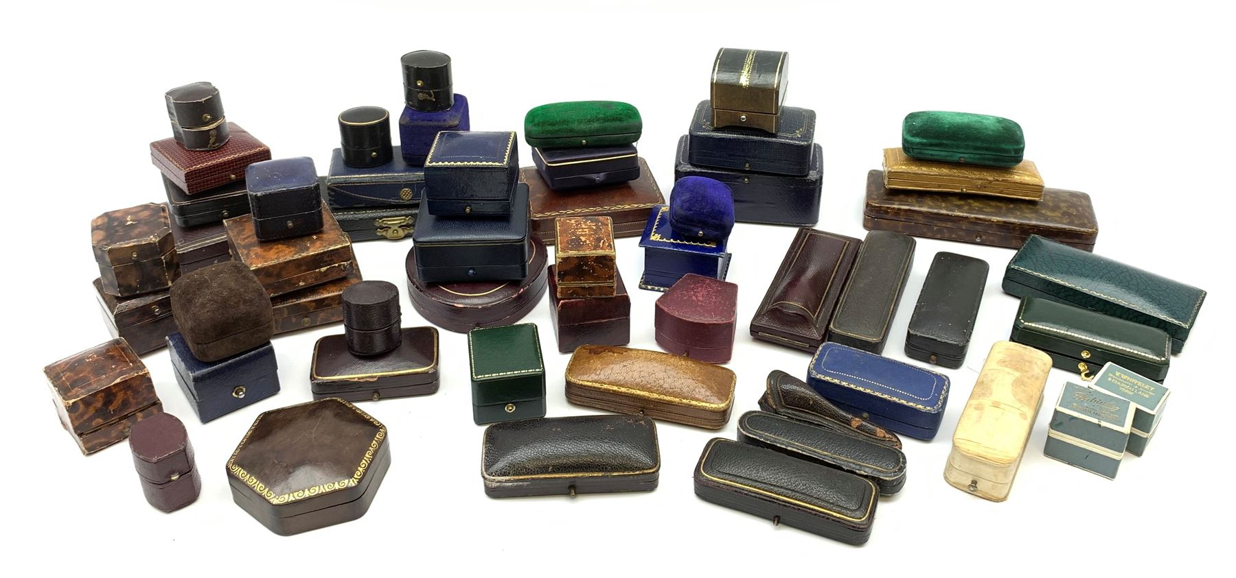 A collection of 19th/ early 20th century jewellery boxes to include Bell Brothers, J. W. Benson, W.W. Goldstraw, Anderson, Richard Smith & Sons, Mason & Son etc 