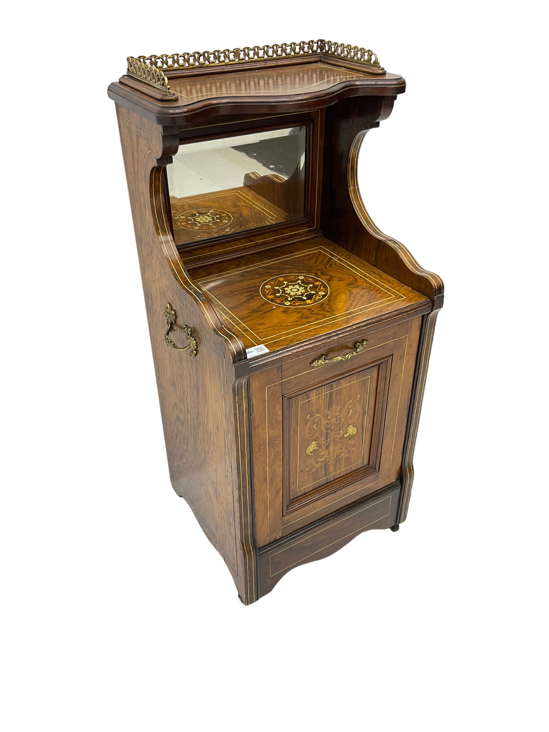 Edwardian inlaid rosewood  fall-front coal purdonium serpentine top with raised fretwork gallery, over bevelled mirror-back, the panelled fall-front door inlaid with foliate patterned ivorine and boxwood, on castors