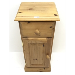  Solid pine narrow bedside lamp cabinet fitted with drawer and single cupboard, W35cm, H79cm, D33cm  