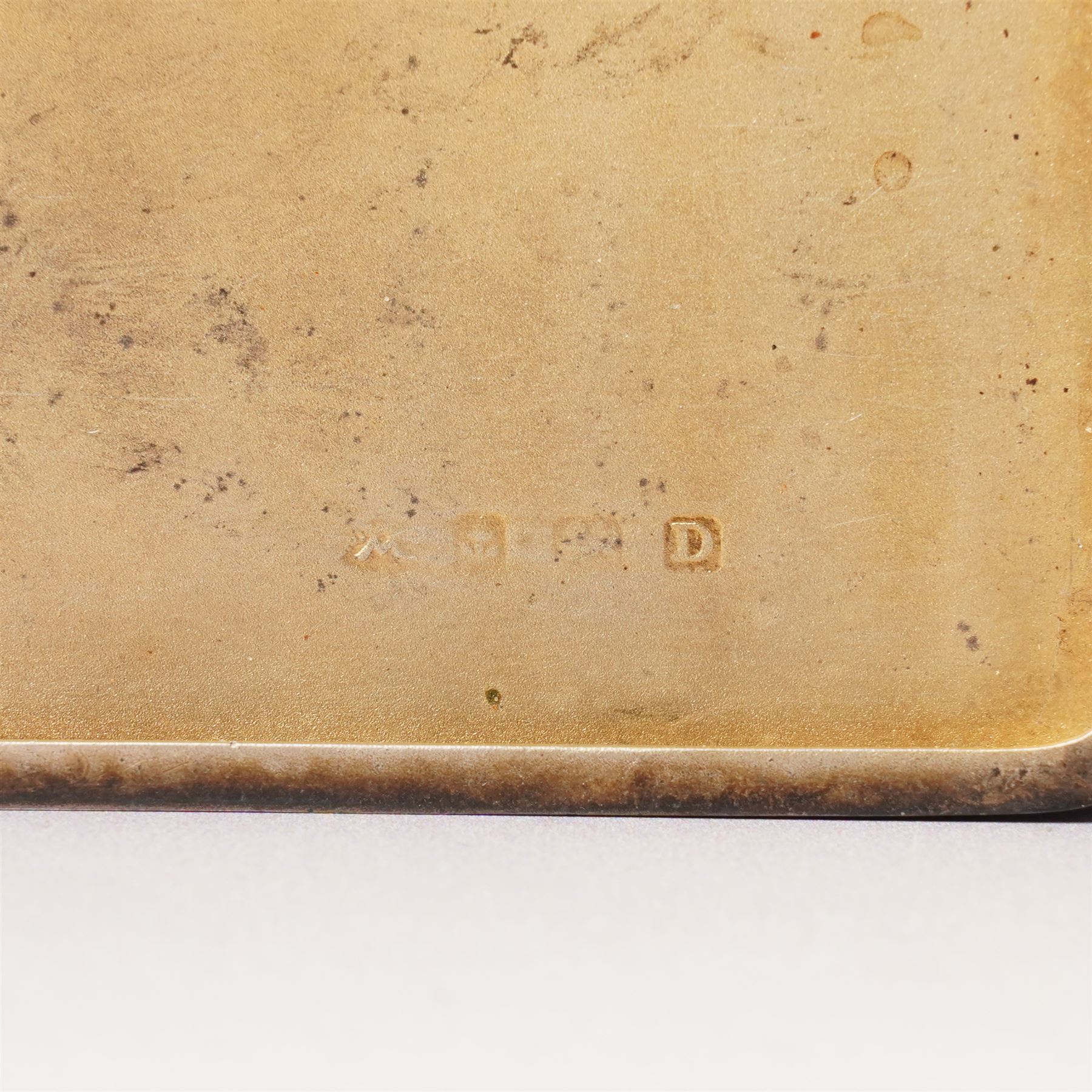 Engine turned silver cigarette case engraved with initials and with gilded interior Birmingham 1928