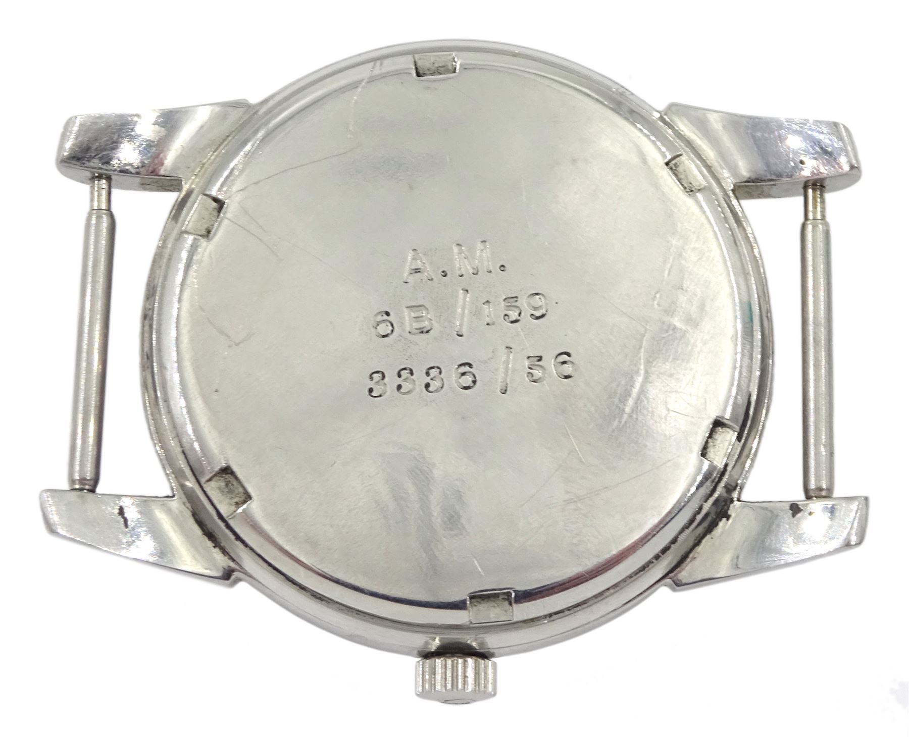 Omega British Military RAF pilots stainless steel gentleman's manual wind 17 jewels wristwatch, circa 1972, Cal. 613, serial No. 34674580, black enamel dial with broad arrow, screw back, issue markings A.M. 6B/159 3336/56