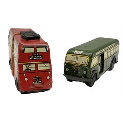 Wells Brimtoy/Pocketoy - seven tin-plate and plastic clockwork or friction-drive  vehicles comprising Milk Tanker, Greenline Coach, Liquid Oxygen Wagon, Side-Tipping Wagon, Snacks Van with drop-down counter, London Trolley Bus and covered wagon; all unboxed (7)