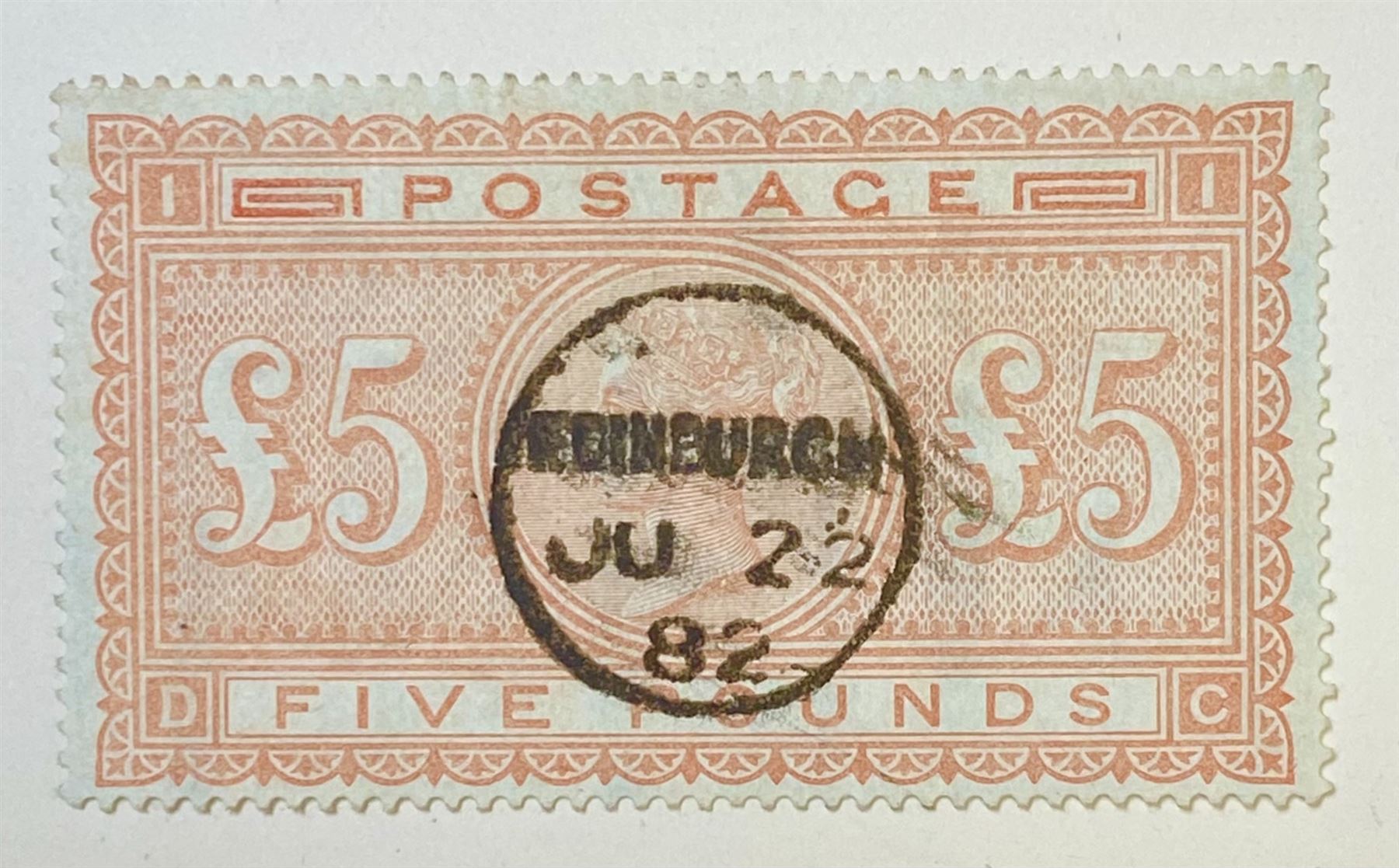 Great Britain Queen Victoria 1867-83 five pound orange stamp, with 'Edinburgh JU 22 82' postmark, previously mounted
