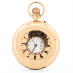 Victorian 18ct gold half hunter keyless lever presentation pocket watch by Lavine Brothers...