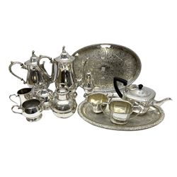 Silver plated tea set by H Fisher & Co of Sheffield comprising tea pot, open sucrier and milk jug, Viners of Sheffield 'Chased' tray, Onedian USA silver plated tea and coffee pots with lidded sucrier and jug, and other plated and similar items