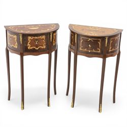 Pair of French style marquetry demi lune bedside tables, inlaid marquetry above three draw...