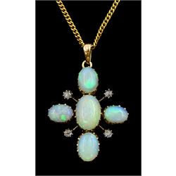 Early 20th century 9ct gold opal and rose cut diamond cross pendant, on later 21ct gold chain necklace