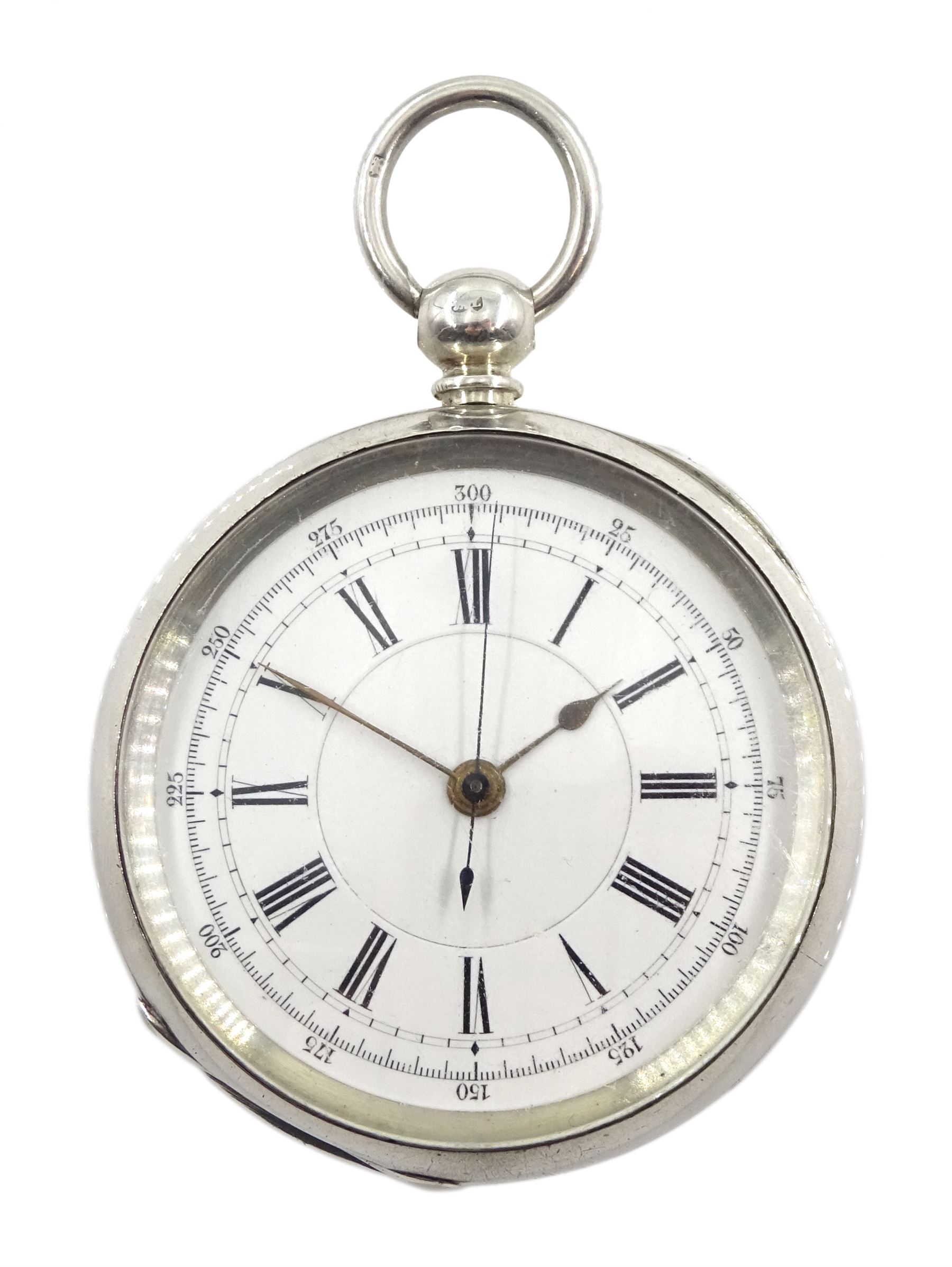 Victorian silver open face face key wound chronograph pocket watch by A. Lockhart, Whitehaven, No. 58660, white enamel dial with Roman numerals, outer seconds track numbered 25-300, case makers mark L A, London 1886