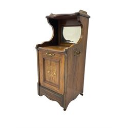Edwardian inlaid rosewood  fall-front coal purdonium serpentine top with raised fretwork gallery, over bevelled mirror-back, the panelled fall-front door inlaid with foliate patterned ivorine and boxwood, on castors