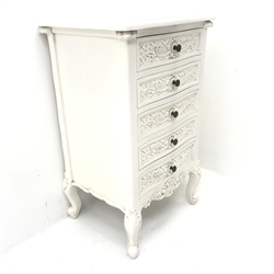 French style white finish pedestal chest, shaped top, five drawers, shell carved cabriole feet, W54cm, H91cm, D45cm