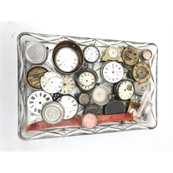  Tray of Assorted pocket watch movements, mostly with white enamel dials, some silver cases etc  