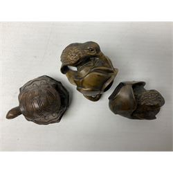 Six netsuke, modelled as a lizard, cricket, frog, bird on a flower, turtle and insect
