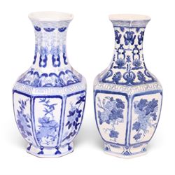 Pair of blue and white vases, of octagonal form, decorated with panels of blossoming branches, H36cm