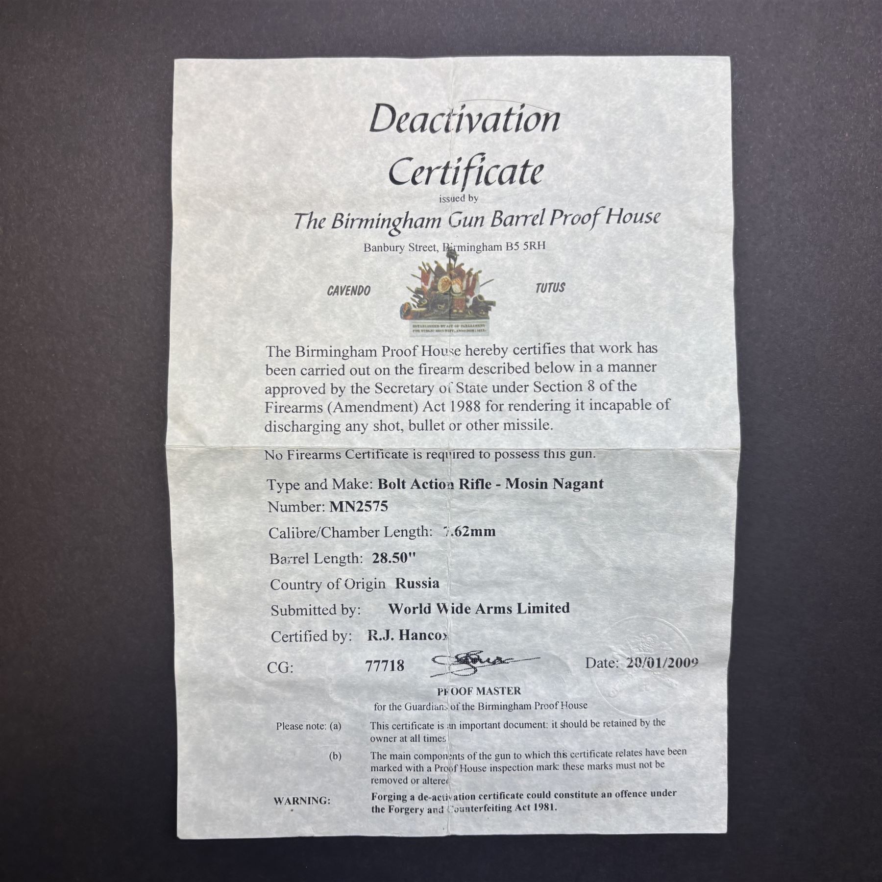 REGISTERED FIREARMS DEALER ONLY De-activated Russian Mosin Nagant 7.62x54RMN2575 bolt action rifle, serial number 117,  72cm (28.5