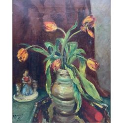 Ernest Riley (British mid 20th century): Still Life Tulips in a Vase, oil on canvas signed and dated 1960, 49cm x 39cm