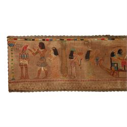 Egyptian revival tapestry, likely depicting scenes from Book of the Dead or similar text  of various figures in traditional attire, L160cm, H36cm 