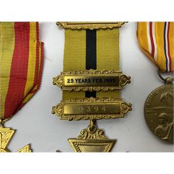 RAOB jewel Bourn Lodge 9394 with 25 years bar; two masonic jewels and triangular pendant watch; British Iron Cross style propaganda medallion; French Legion of Honour and Combatants Cross; and three foreign medals