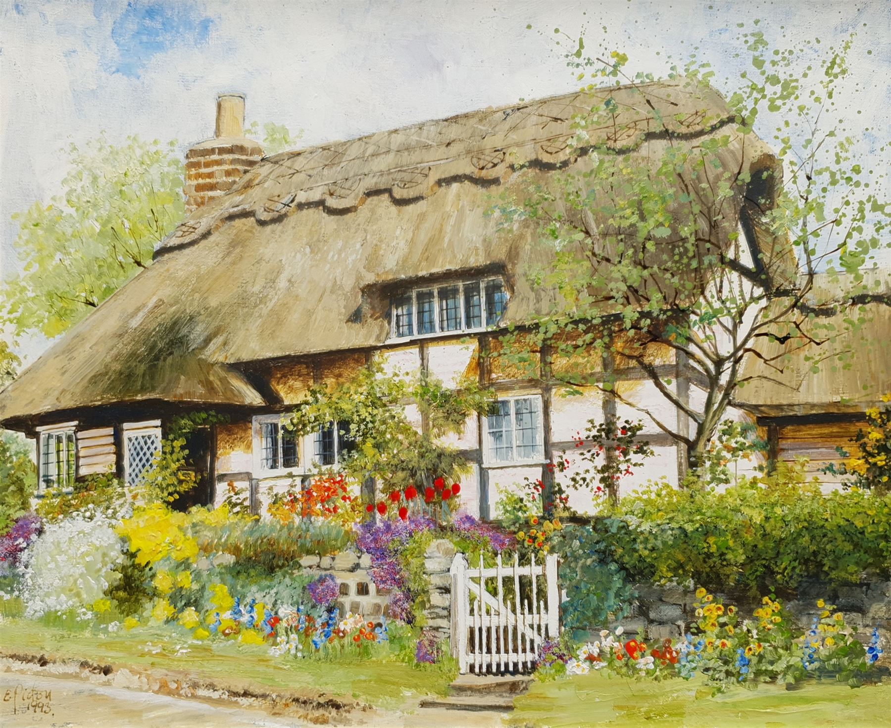 E Picton (British 20th century): Thatched Cottage, oil on canvas signed and dated 1993, 25cm x 29cm
