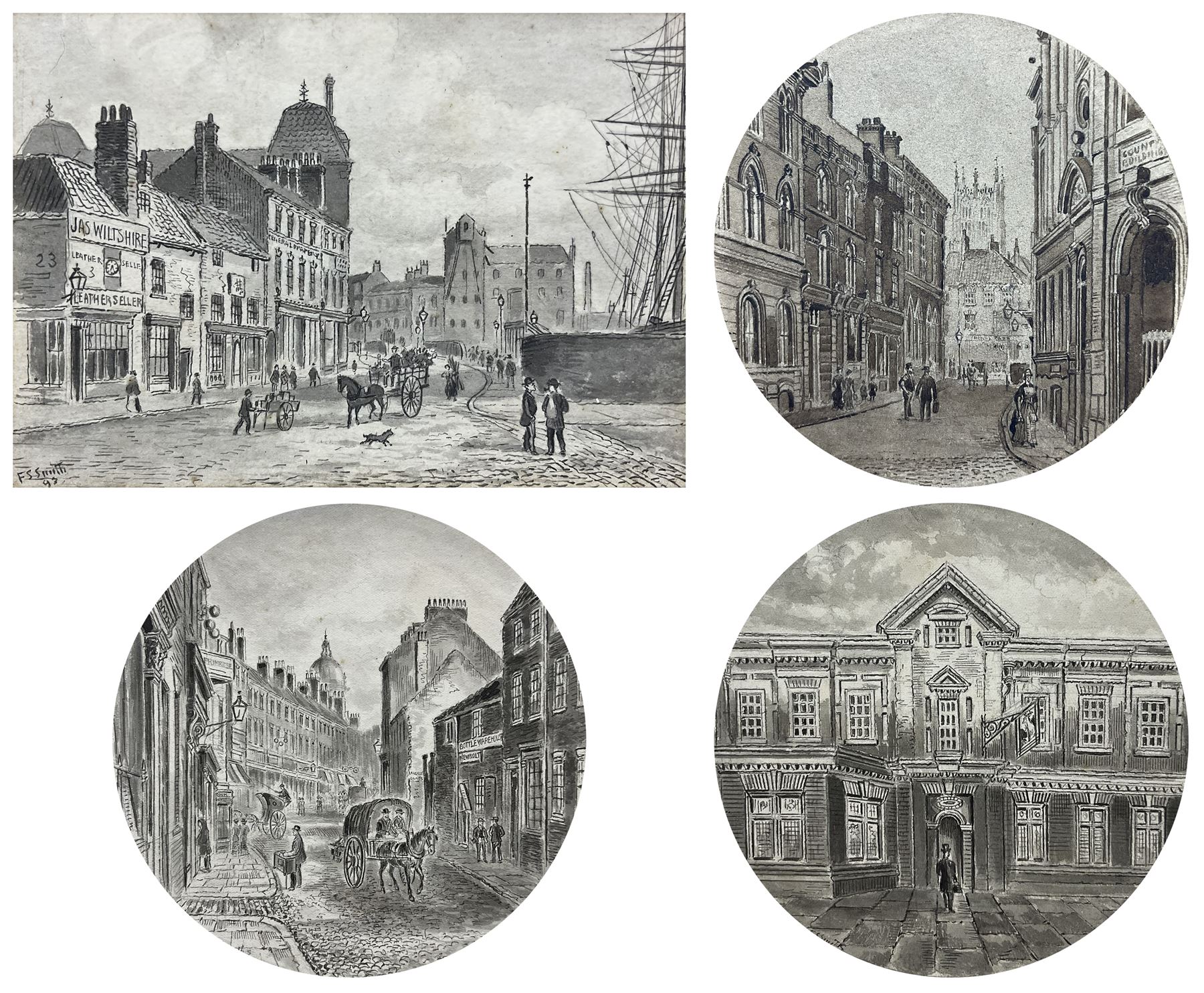Frederick Schultz Smith (Hull 1860-1925): 'Old North Bridge Hull', monochrome watercolour and ink signed and dated '97, titled in a later hand verso 8.5cm x 12cm; Hull Views, three circular watercolours, two signed, max dia. 15.5cm (unframed) (4) 
Notes: Born in Worthing, Sussex in 1860, F S Smith came to Hull as a small child and lived most of his life in the old St. John's Wood area in west Hull; he was still drawing in his sixties shortly before his death in 1925. Much like his near contemporary and fellow Yorkshire artist Albert Thomas Pile (1882-1981), his drawings are visual 'snapshots' in time, often produced to record buildings that were due to be demolished. Smith was commissioned to produce around three hundred drawings for C E Fewster, a paint maker in Hull who collected historical records. Some were also used as illustrations in books and newspapers, such as the Eastern Morning News, whilst others were sold to the owners of premises which he had drawn.