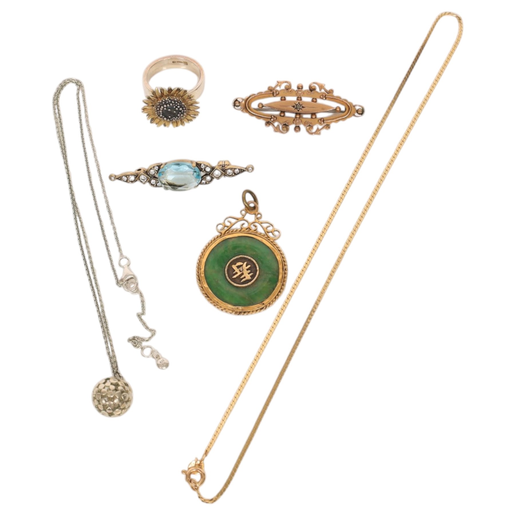 Silver and gold plated sunflower ring by Sheena McMaster, 9ct gold Victorian brooch, 14ct gold Chinese symbol necklace and pendant, costume brooch and a silver pendant necklace
