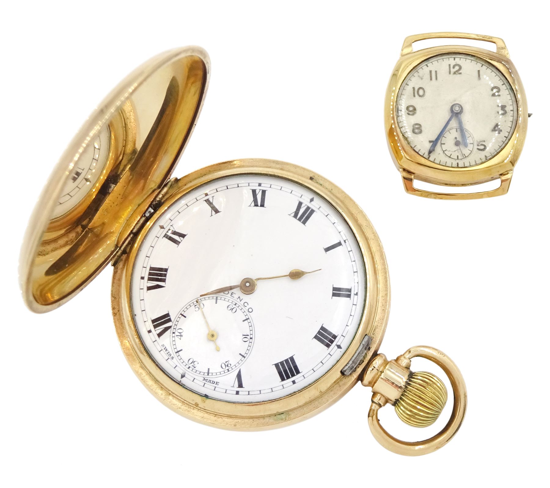 Early 20th century gold-plated full hunter, keyless lever presentation pocket watch by Denco and a 9ct gold manual wind wristwatch, Chester 1944, both with dials with Roman numerals and subsidiary seconds dials