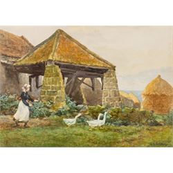 Albert George Stevens (Staithes Group 1863-1925): Young Girl Chasing Geese at Newton Mulgr...