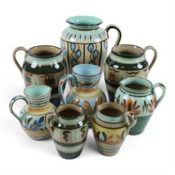 Eight Hartrox and Dee Cee Stoneware jugs, all with floral and abrstact decoration, with pr...
