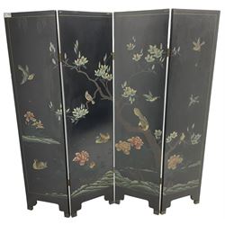 Chinese four-panel folding room screen, black lacquered with a naturalistic scene decorated with trees, birds and flowers