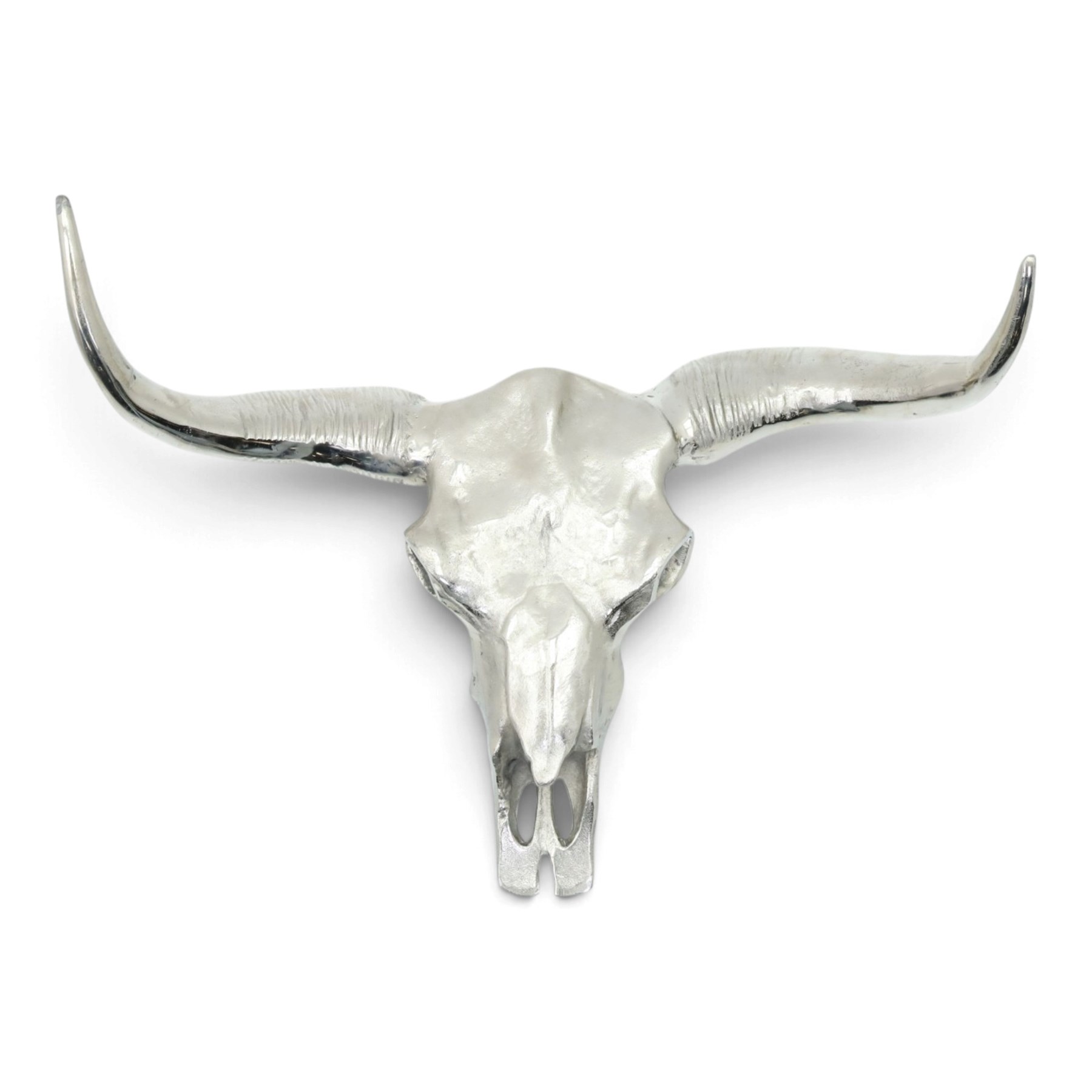 Contemporary cast metal bull skull wall ornament, polished silver finish with textured detailing and outstretched curved horns  