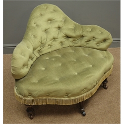  Small Victorian shaped back settee, upholstered in light green buttoned velvet, turned and reeded supports  
