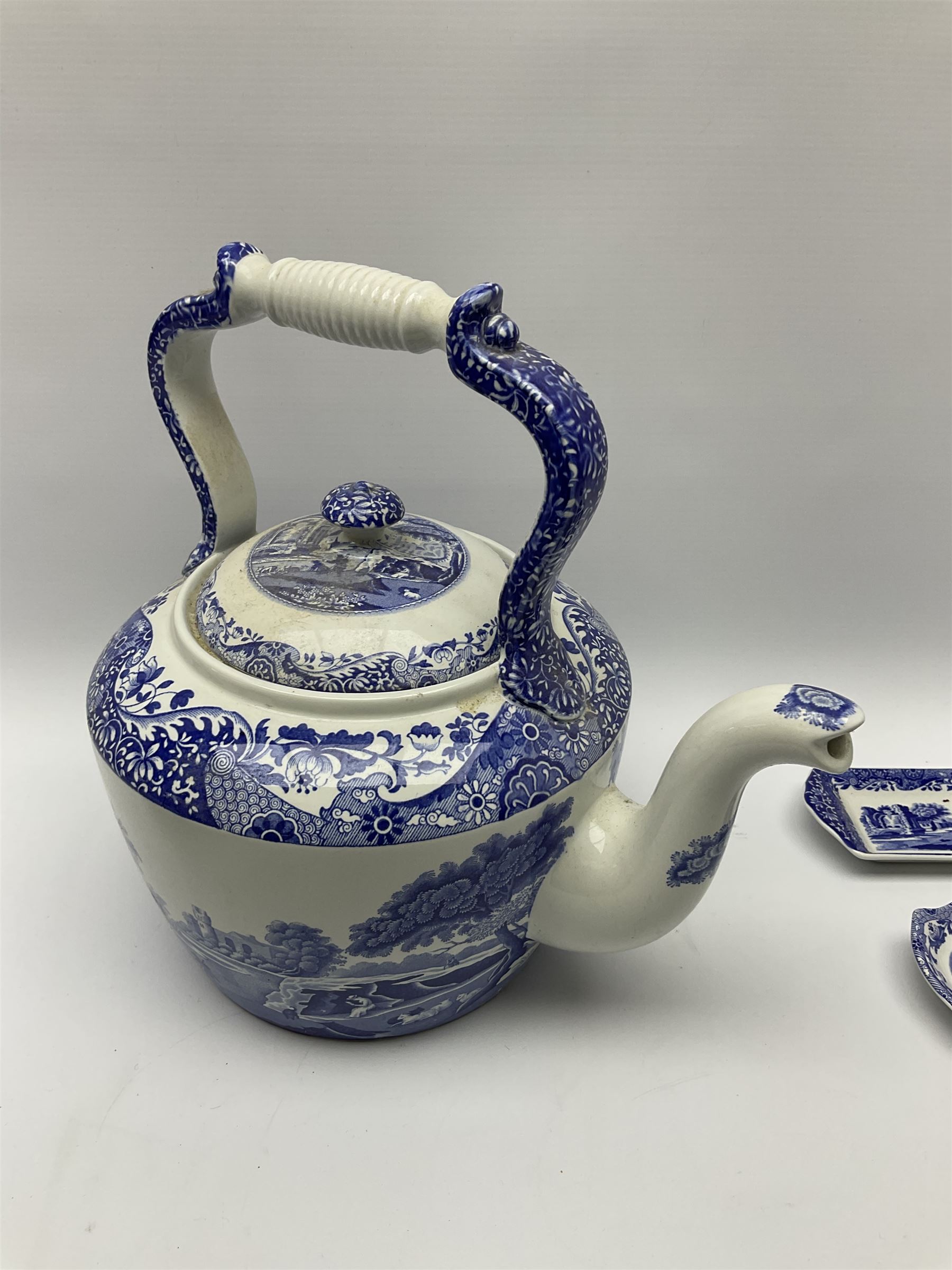 A large Spode blue and white Italian pattern novelty teapot, H33cm, with black printed mark beneath, together with a selection of other Spode blue and white Italian pattern wares. 