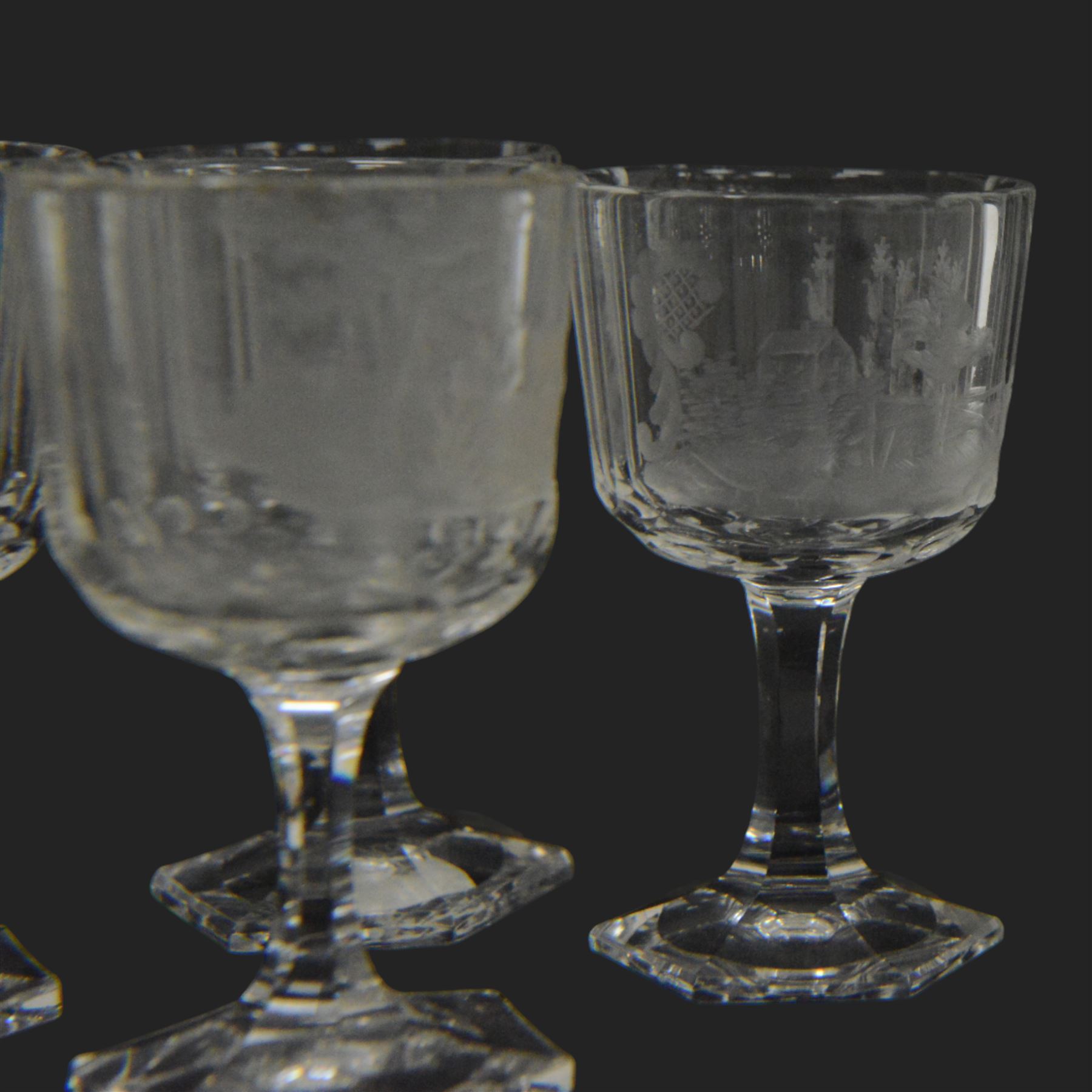 Set of four Galle, Nancy, intaglio engraved liqueur glasses, Gallé, Nancy, circa 1880, each with faceted bucket bowl engraved with animals within landscape settings, upon hexagonal stems and hexagonal feet, two examples engraved 'Galle Reinemer a Nancy', one engraved 'Galle a Nancy', and one unsigned, H7cm
