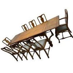 Late 20th century oak dining table, rectangular top with two draw leaf extensions, on turned supports united by moulded hayrake stretchers (180cm - 278cm x 90cm, H76cm); set of eight (6+2) oak dining chairs, shaped cresting rail over shaped splat back, upholster drop-in seat, on cabriole supports united by turned H-shaped stretchers 