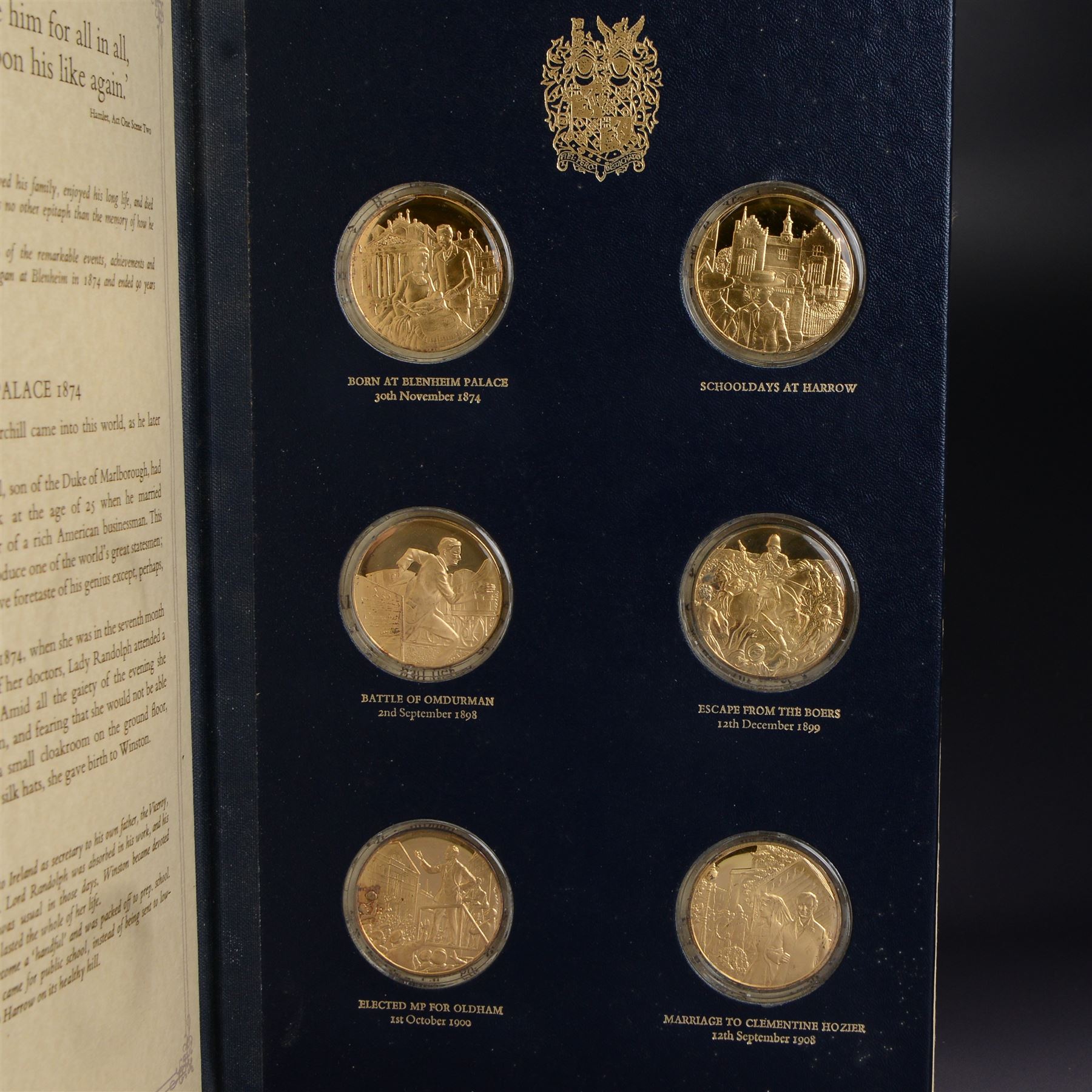 The Churchill Centenary Trust Medal Collection, 1974, a complete set of 24 silver-gilt medallions struck by John Pinches, issued by the Churchill Centenary Trust to commemorate the 100th anniversary of the birth of Winston Churchill; individually encapsulated with certificate of authenticity and housed in a leatherette display album