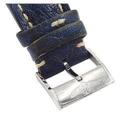 Breitling Old Navitimer gentleman's stainless steel automatic wristwatch, Ref. A13322 serial No. 517301, blue dial with date aperture,  silvered subsidiary dials at 6, 9 and 12 for seconds, 30 minute and 12 hour recording, bi-directional inner slide rule scale, on blue leather strap, boxed with papers and receipt dated 2002