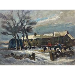 Robert Dawson (British 1926-1997): 'Snow at High Edge', oil on board signed with initials, titled on gallery label verso 67cm x 90cm 
Provenance: with the Goldmark Gallery, Uppingham, label verso