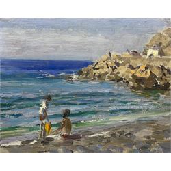 Spanish School (20th century): Children on the Beach near 'Almería', oil on panel, indistinctly signed titled and dated 1983 verso 18.5cm x 23.5cm (unframed)