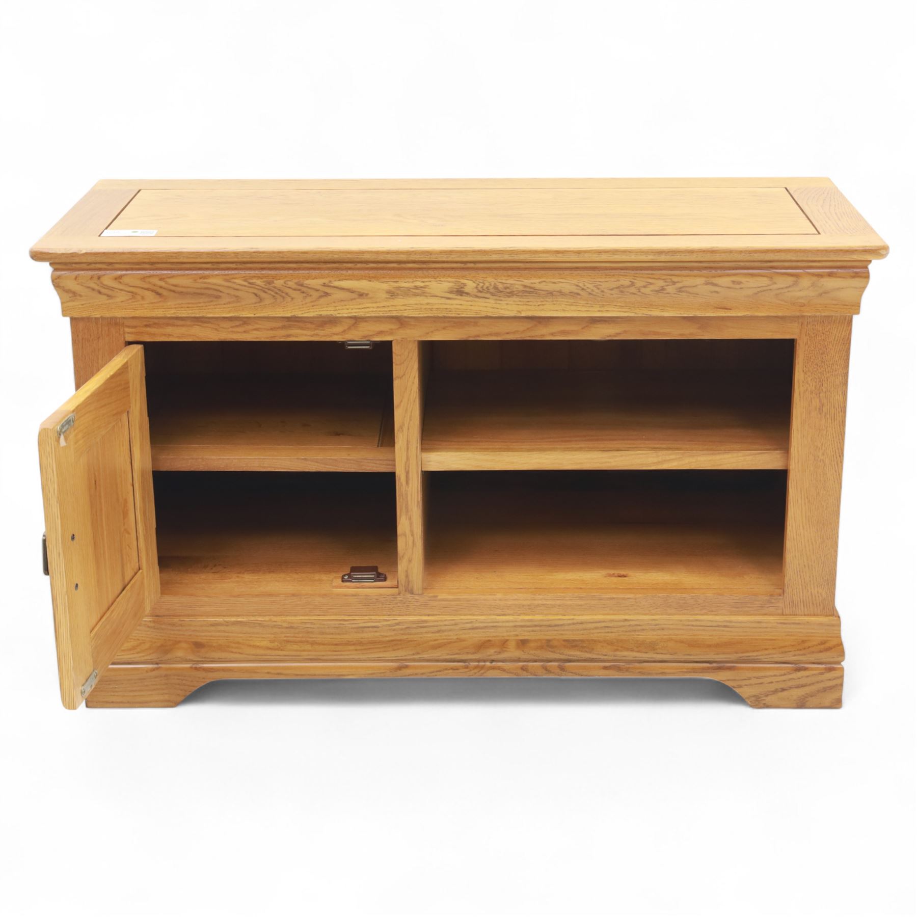 Oak Furnitureland - television and media cabinet, rectangular top with framed edge, fitted with single cupboard and open shelved section, on a stepped and shaped plinth
