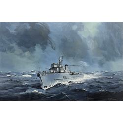 John Cooper (British 1942-2015): HMS Glasserton at Sea, gouache signed 47cm x 72cm 
Notes: the Ton-class minesweeper HMS Glasserton, built by JS Doig of Grimsby, launched on 3rd December 1953 and was broken up in 1987.