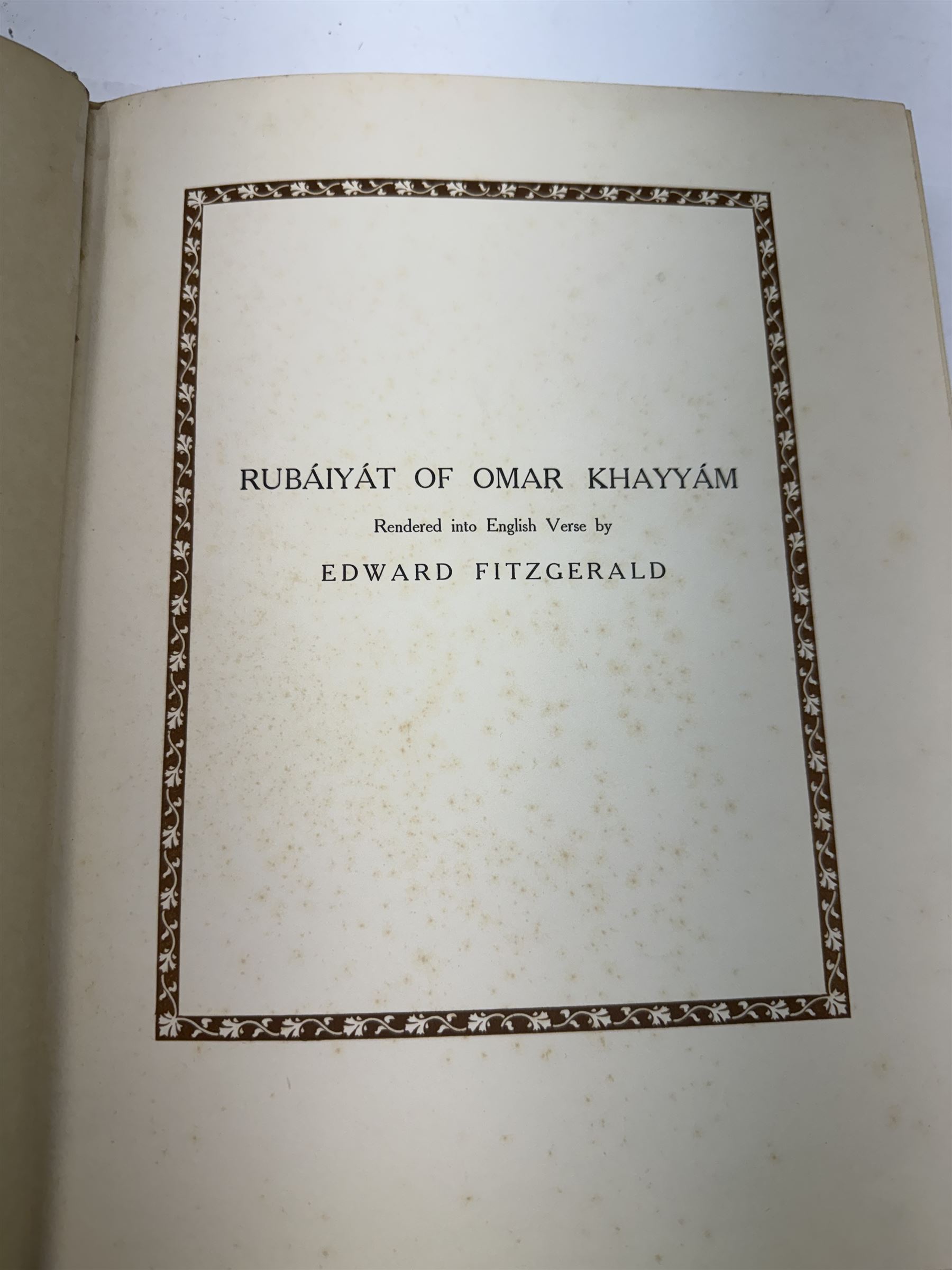 Rubaiyat of Omar Khayyam - two editions
Two editions of Fitzgerald, Edward (Translator) - 'Rubaiyat of Omar Khayyam', one with gilt leather coverer illustrated by Willy Pognay, the second illustrated by Edmund Dulac