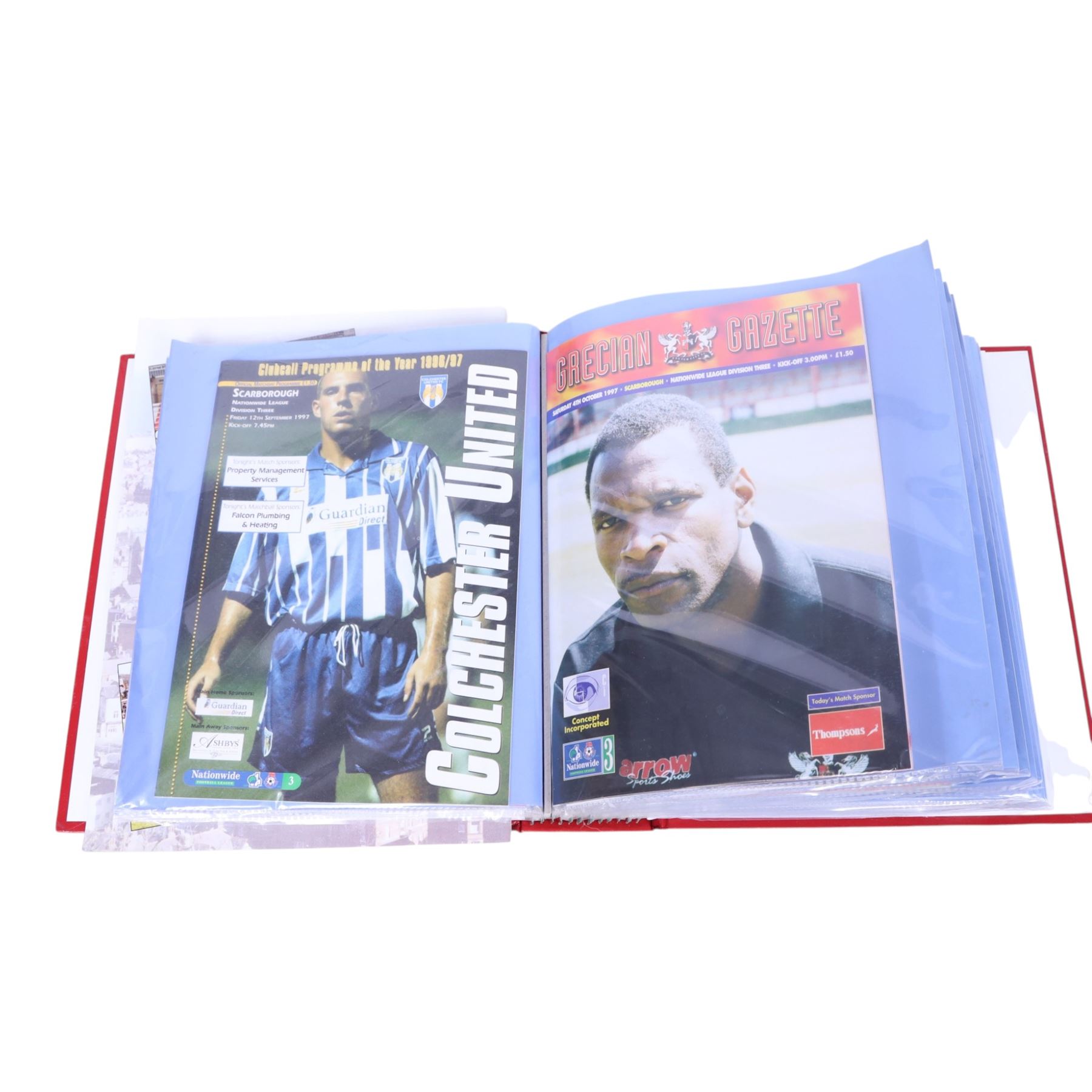 Comprehensive collection of approximately one-hundred and seventy Scarborough FC football programmes for the 1996/97, 1997/98 and 1998/99 seasons, all filed within six dedicated Scarborough FC red Home and Away binders