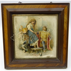  Late 19th century mahogany framed triple folding mirror, table top or wall hanging, with two panels hand painted with courting scenes signed A. Eick? 30cm x 30cm   