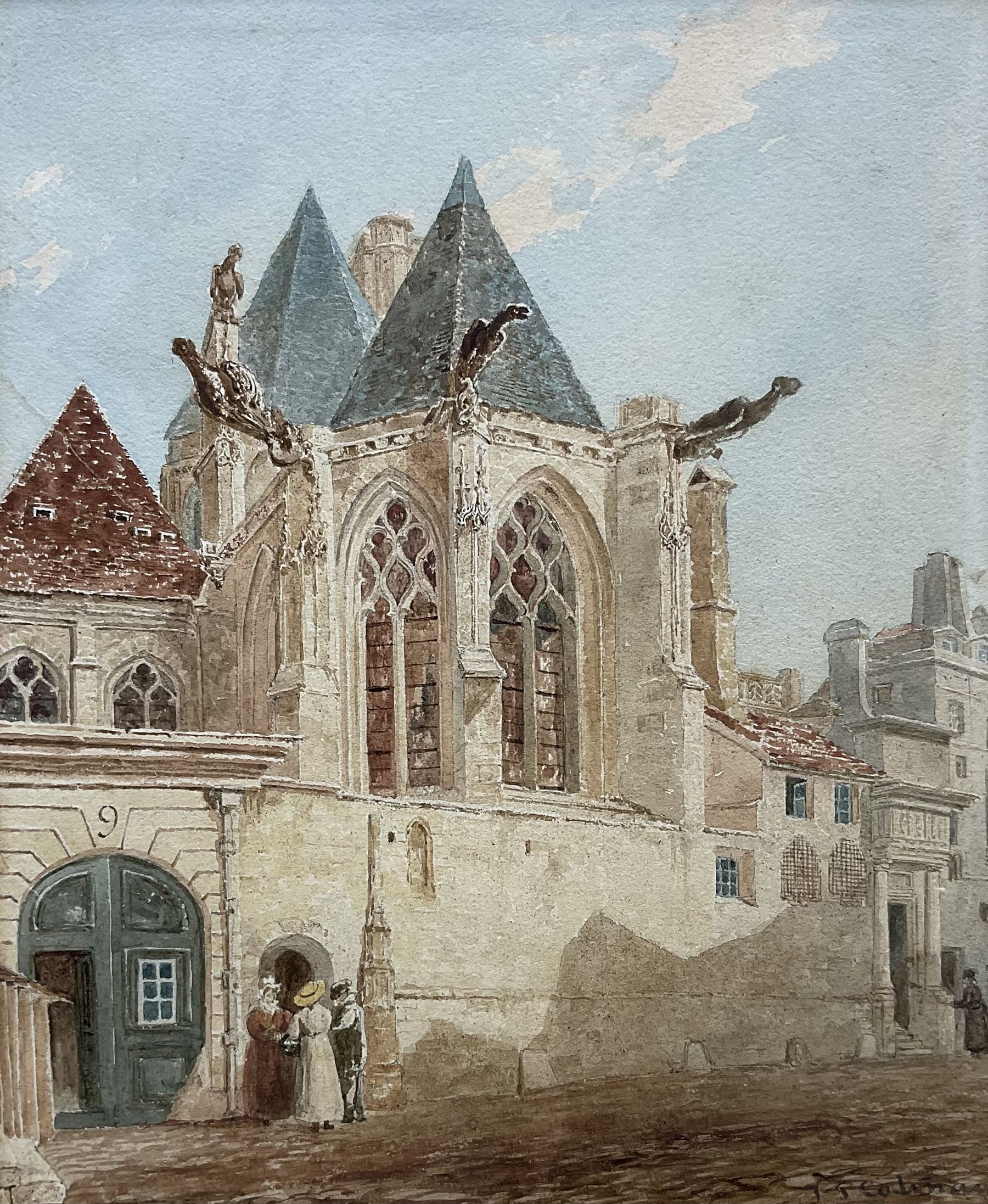 John Sell Cotman (British 1782-1842): Figures Gathered Outside a Church, watercolour signed 19.5cm x 16cm