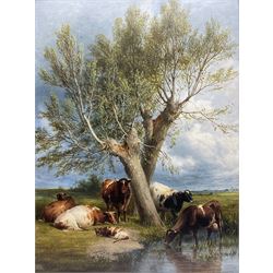 Thomas Sidney Cooper (British 1803-1902): Cattle Beneath Trees, oil on board signed and dated '97, Charles Robertson & Co London label verso 60cm x 45cm 
Notes: Cooper frequently used boards and canvases by Charles Robertson, and labels similar to the present example can be found on works in the Tate, the Fitzwilliam Museum, Cambridge, and Birmingham Museums Trust.